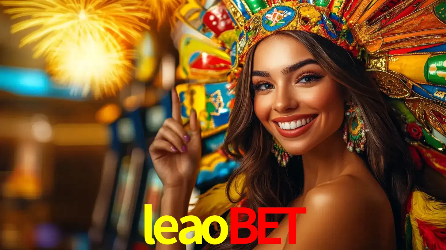 Mulher sorridente com um cocar de carnaval vibrante e colorido, celebrando uma grande vitória nos jogos do cassino leaobet com fogos de artifício ao fundo.