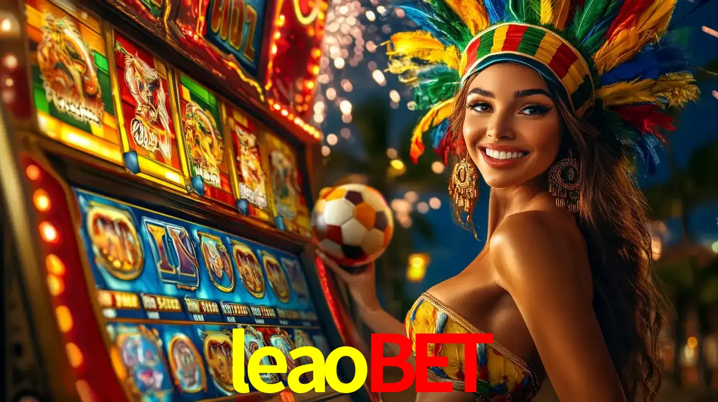 Mulher com um cocar de carnaval ao lado de uma máquina de caça-níqueis enquanto segura uma bola de futebol, mostrando a união da diversão de cassino e esportes no leaobet.