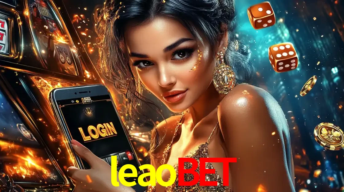 Mulher glamourosa segurando um celular com a tela de login do cassino leaobet, rodeada por dados e moedas douradas, pronta para começar a diversão.