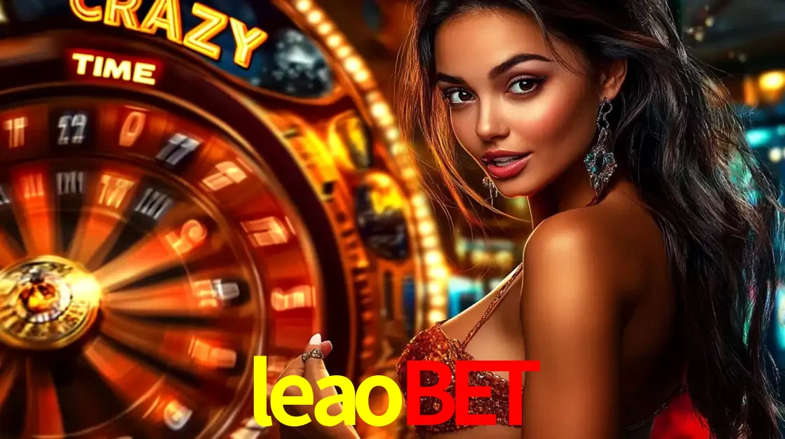 Mulher ao lado da roda de prêmios do jogo de cassino ao vivo Crazy Time, um dos shows de jogos mais emocionantes oferecidos pela plataforma de apostas leaobet.