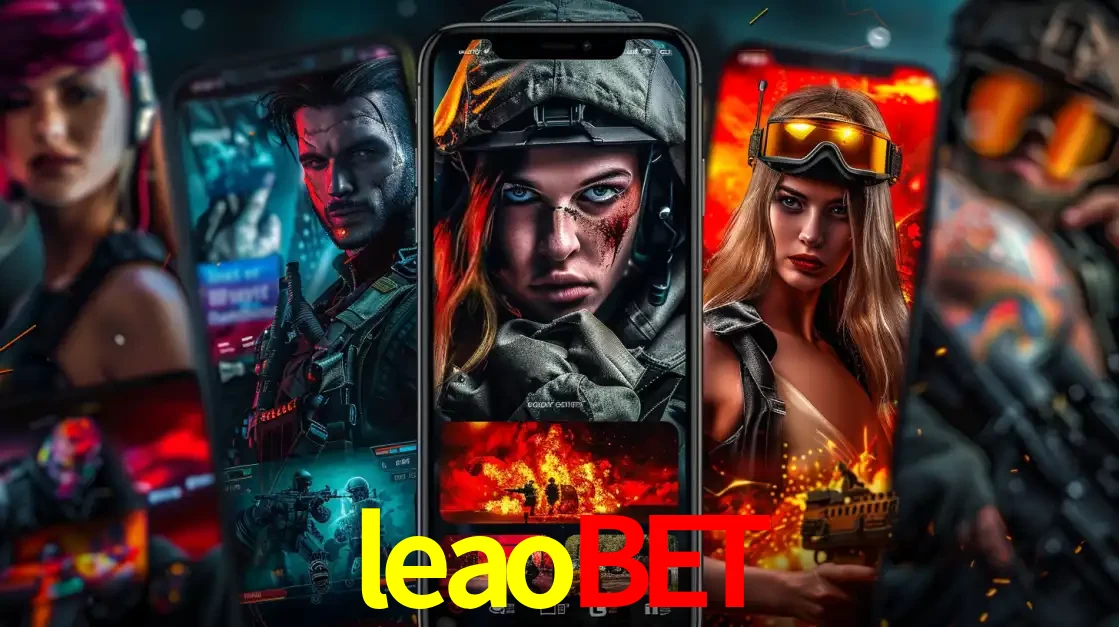 Montagem de telas de celular mostrando diversos personagens, masculinos e femininos, de um jogo de tiro, ilustrando a diversidade de equipes de e-sports para apostar no leaobet.