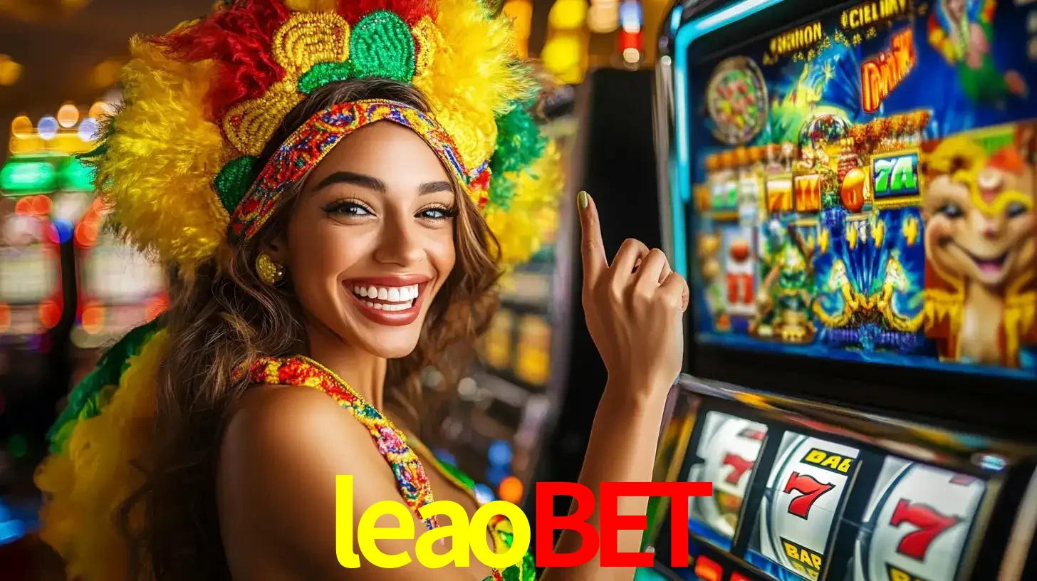Mulher animada com um cocar de carnaval apontando para uma máquina de caça-níqueis, mostrando a emoção de ganhar um grande prêmio nos jogos do leaobet.
