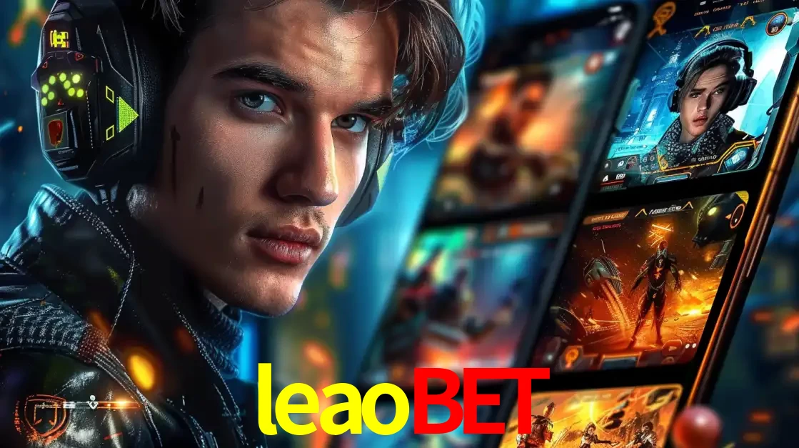 Jovem jogador com fones de ouvido olhando para a câmera, com um aplicativo de jogos e e-sports para celular ao fundo, pronto para a competição e apostas no leaobet.