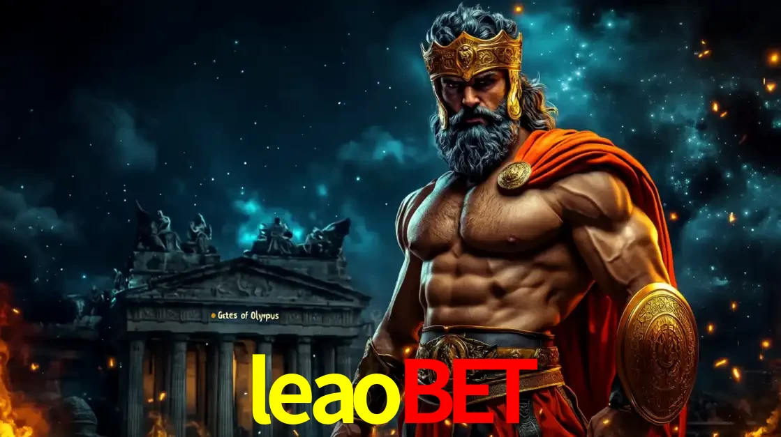 O poderoso Zeus do jogo de slot Gates of Olympus em frente ao seu templo, pronto para lançar multiplicadores divinos e prêmios épicos no cassino online leaobet.