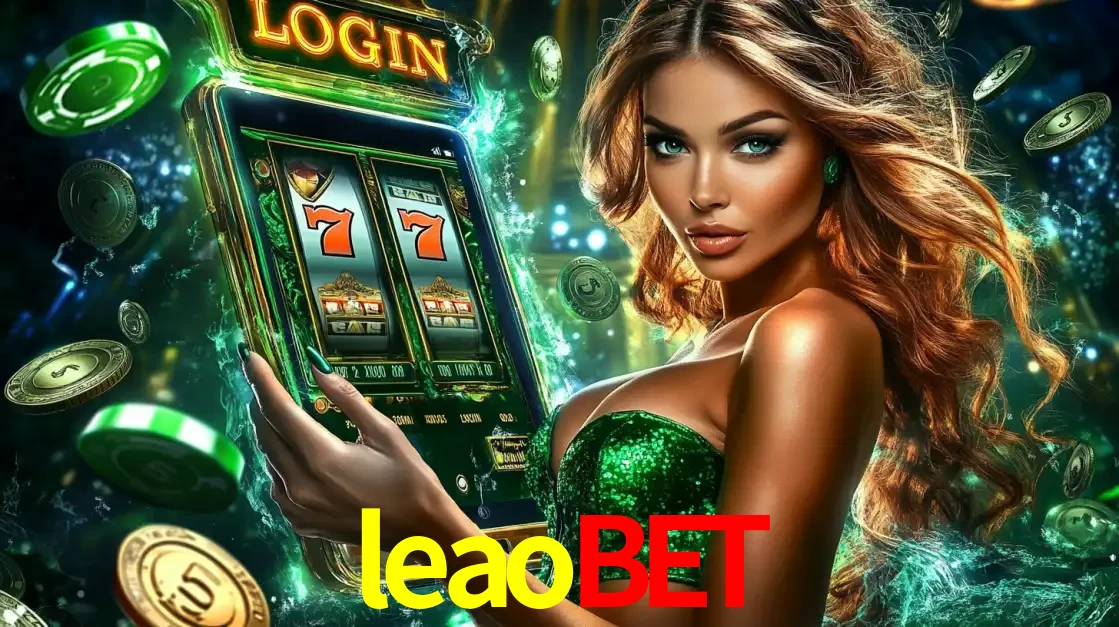 Mulher com tema verde apresentando o aplicativo do cassino leaobet com um jogo de slot de 777, cercada por fichas de cassino e uma aura de sorte.
