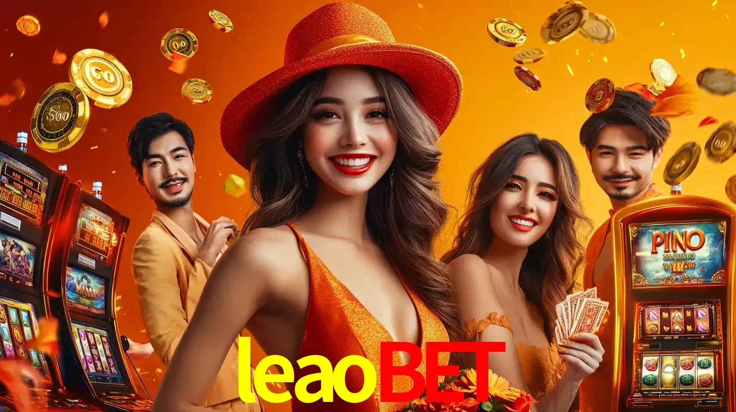 Grupo de amigos asiáticos sorrindo e se divertindo com máquinas de caça-níqueis em um ambiente festivo, celebrando suas vitórias nos jogos de cassino do leaobet.