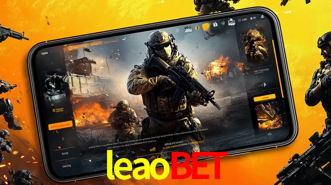 Um smartphone exibindo a interface de um jogo de tiro em primeira pessoa, com um soldado em um cenário de batalha, representando a ação dos e-sports para apostar no leaobet.