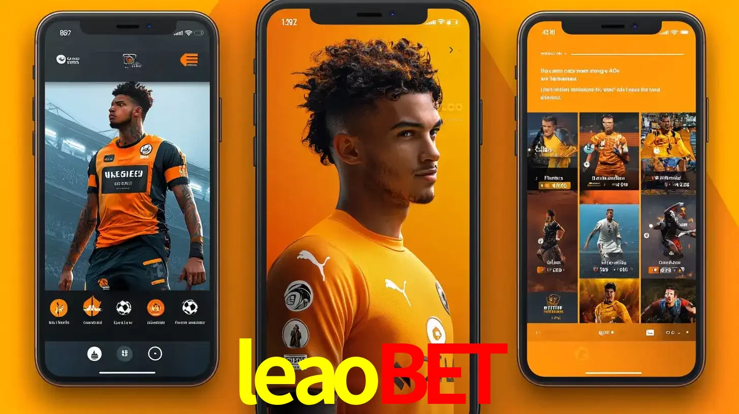 Interface do aplicativo de apostas esportivas leaobet em três telas de celular, mostrando o perfil de um jogador de futebol e a lista de jogos disponíveis para apostar.