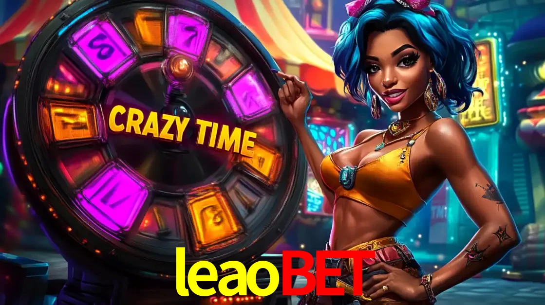 Mulher estilizada com cabelo azul e visual vibrante posando ao lado da roda de prêmios do game show Crazy Time, convidando para a diversão e os bônus do cassino leaobet.