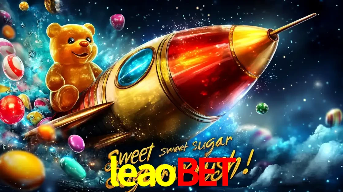 Arte promocional do jogo de slot Sugar Rush, com um urso de pelúcia em um foguete viajando pelo espaço de doces, um dos jogos divertidos disponíveis no cassino leaobet.