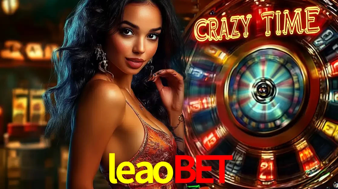 Mulher elegante ao lado da vibrante roda da fortuna do jogo de cassino ao vivo Crazy Time, um dos game shows mais populares e cheios de prêmios do leaobet.