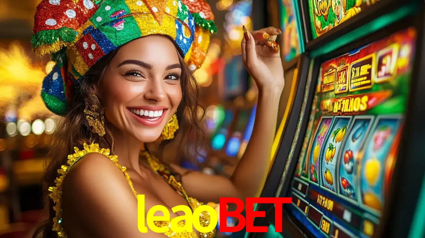 Mulher feliz com traje de carnaval amarelo e colorido ao lado de uma máquina de caça-níqueis, aproveitando a diversão e os jogos temáticos do cassino leaobet.
