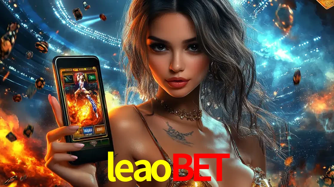 Mulher segurando um celular com um jogo de slot em destaque, tendo como fundo um estádio vibrante, simbolizando a emoção de jogar no cassino móvel leaobet.