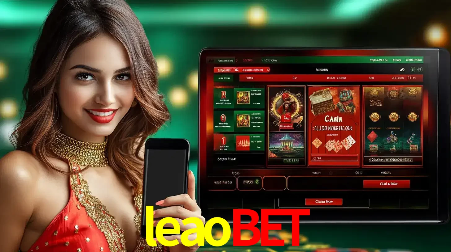 Mulher sorridente segurando um smartphone, ao lado de uma tela exibindo o lobby de jogos do cassino online leaobet, com várias opções de jogos de cartas e slots.